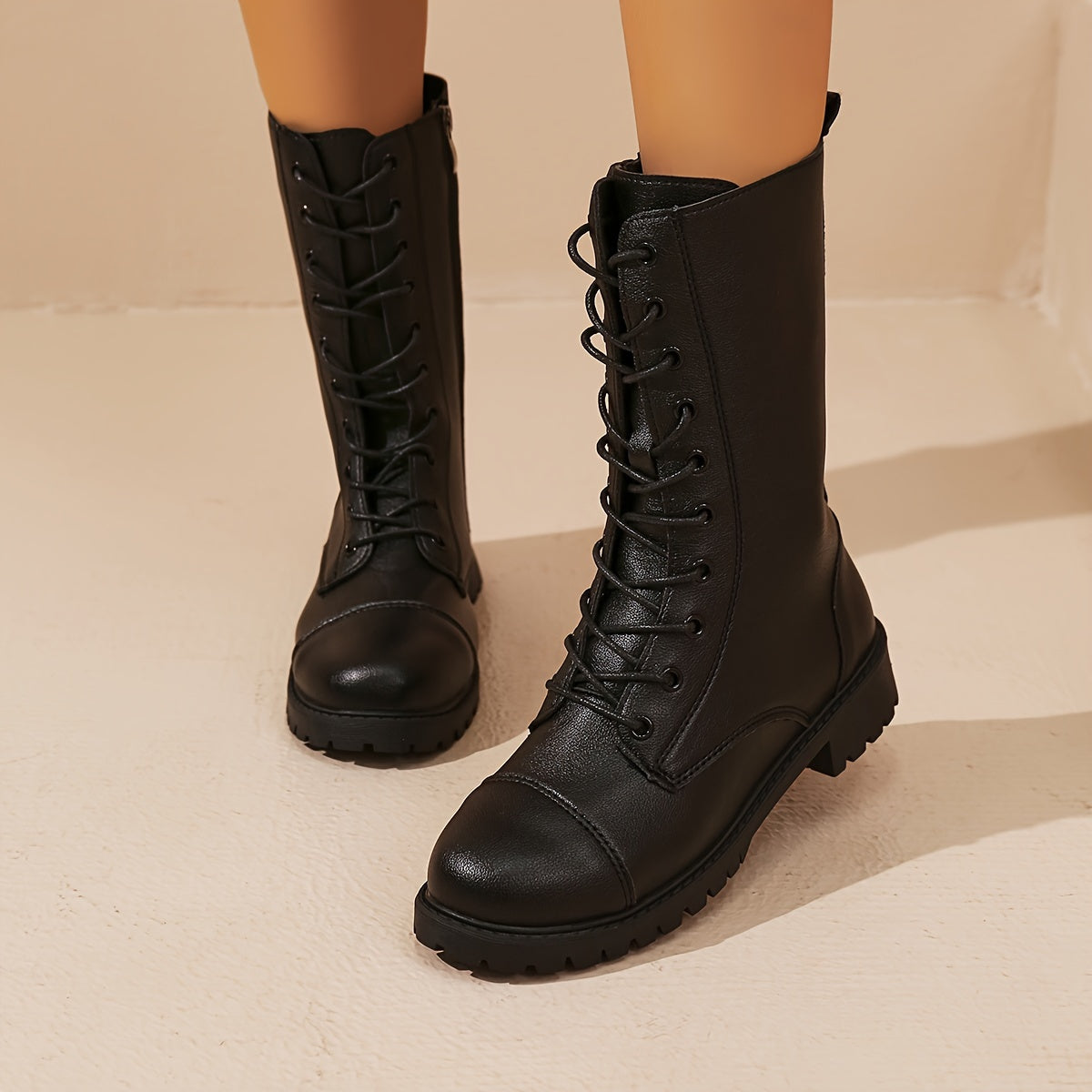 Black Women’s Lace-Up Boots with Zipper and Rugged Sole