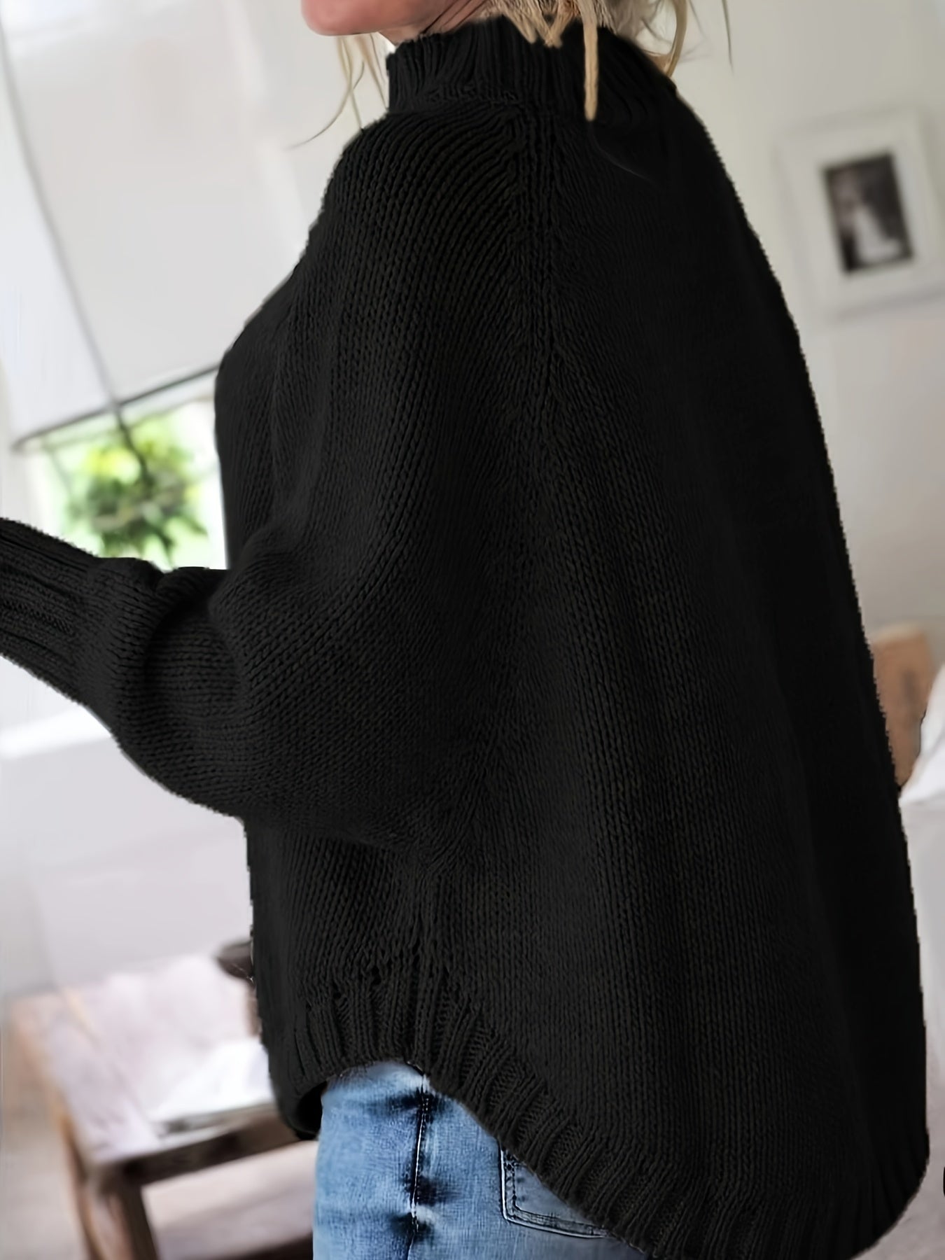 Stylish Women’s Turtleneck Sweater with Cable Knit and Wide Sleeves