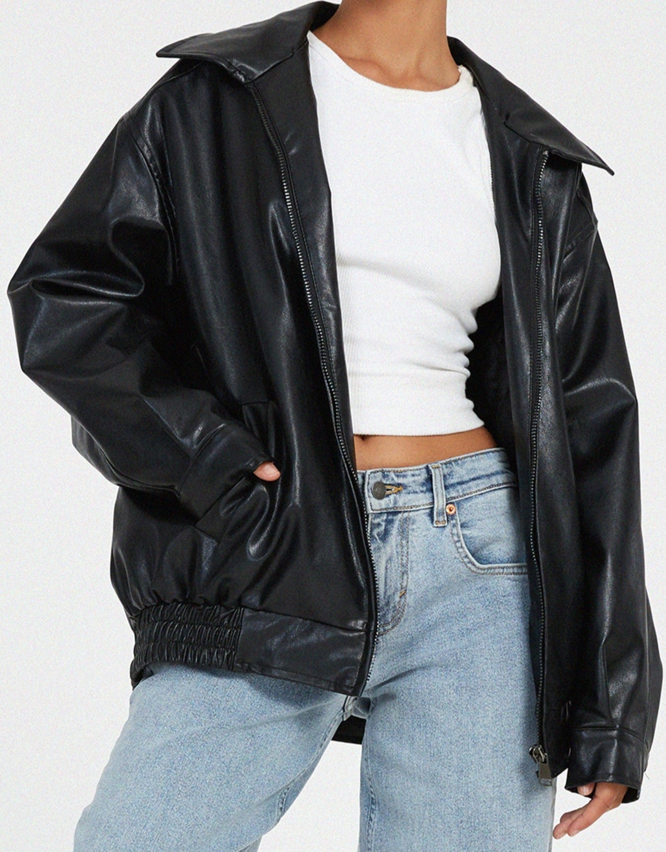 Oversized Women’s Faux Leather Jacket with Zipper