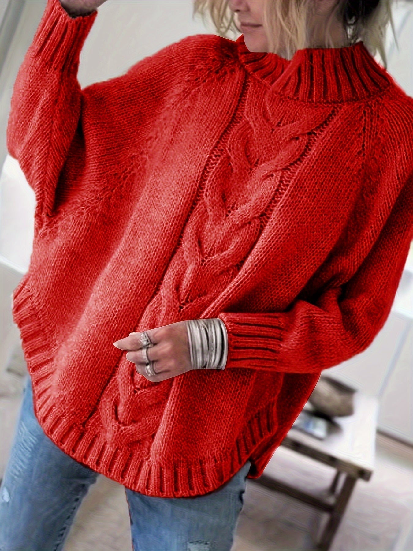 Stylish Women’s Turtleneck Sweater with Cable Knit and Wide Sleeves