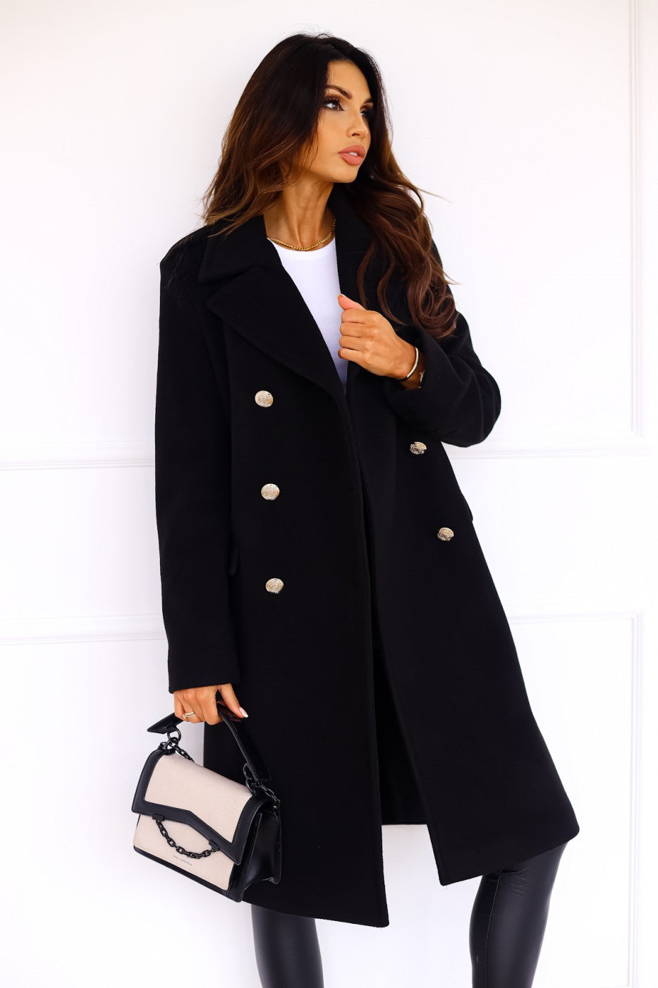 Elegant Long Tailored Wool Coat for Women with Button Detailing