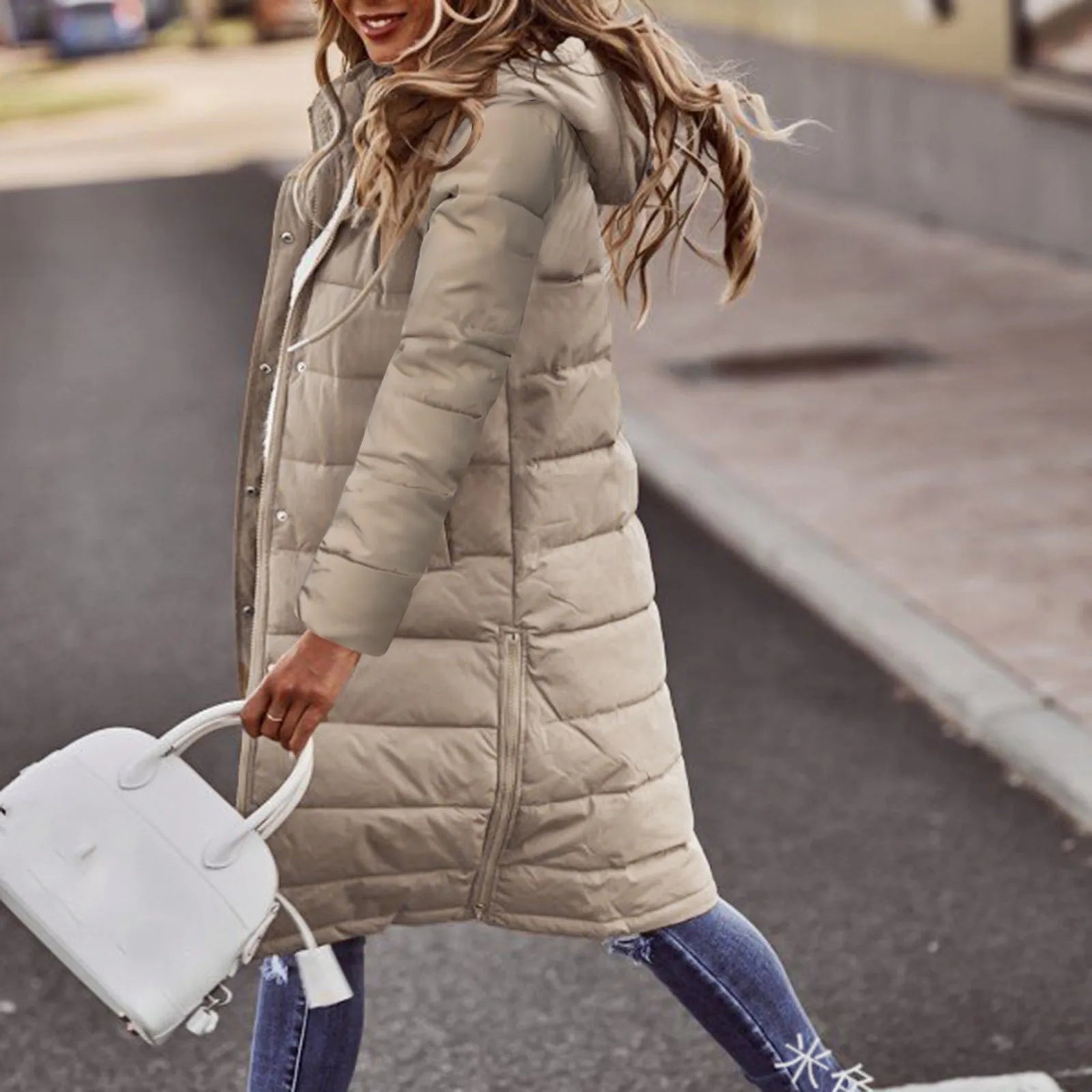 Long Warmly Lined Women’s Hooded Puffer Coat