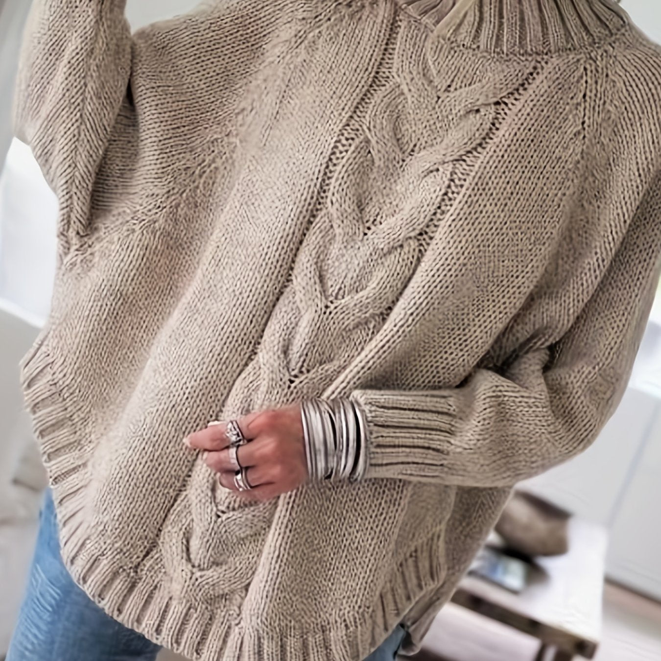 Stylish Women’s Turtleneck Sweater with Cable Knit and Wide Sleeves