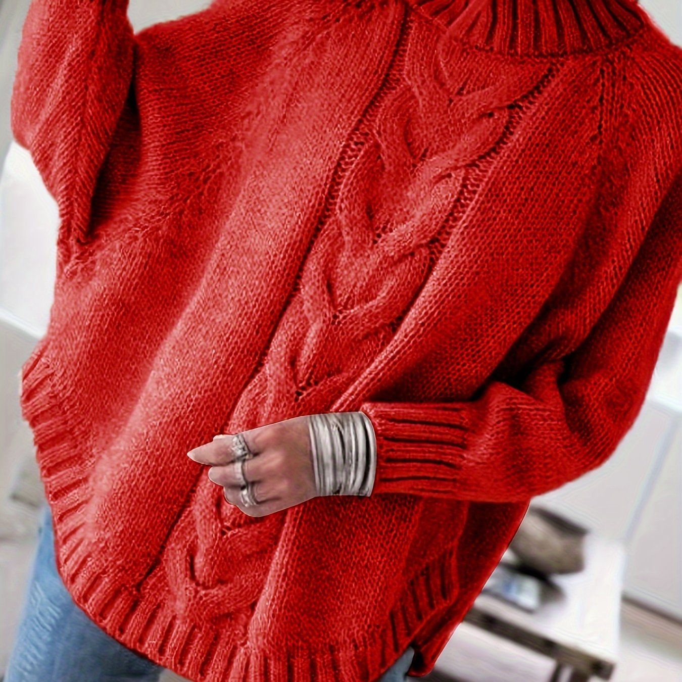 Stylish Women’s Turtleneck Sweater with Cable Knit and Wide Sleeves