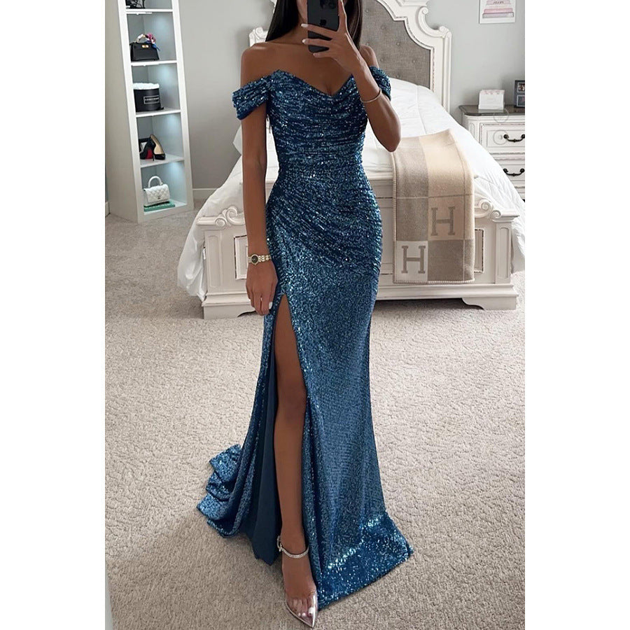 Sequin Evening Maxi Dress with Slit and Off-Shoulder Design