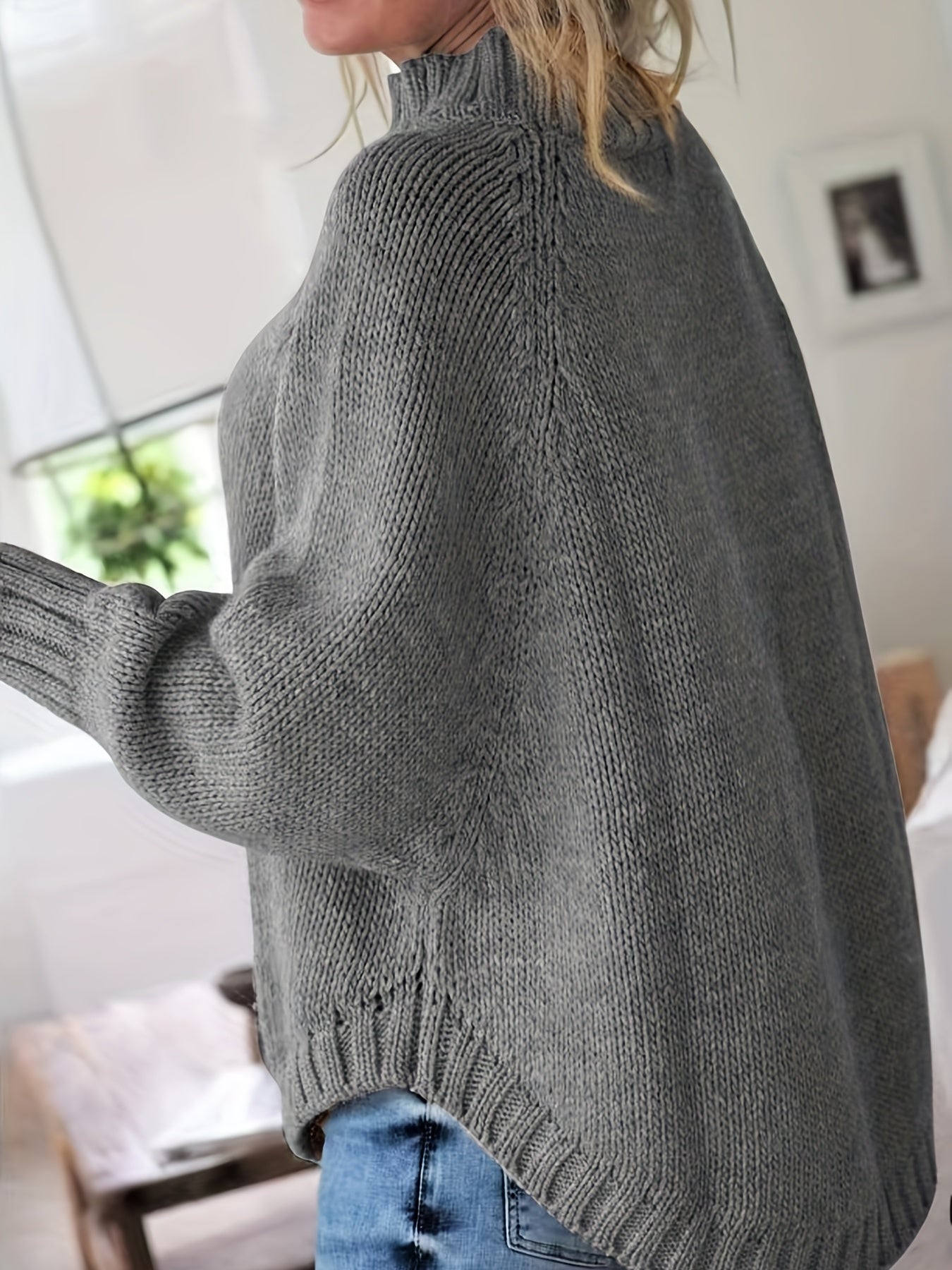 Stylish Women’s Turtleneck Sweater with Cable Knit and Wide Sleeves