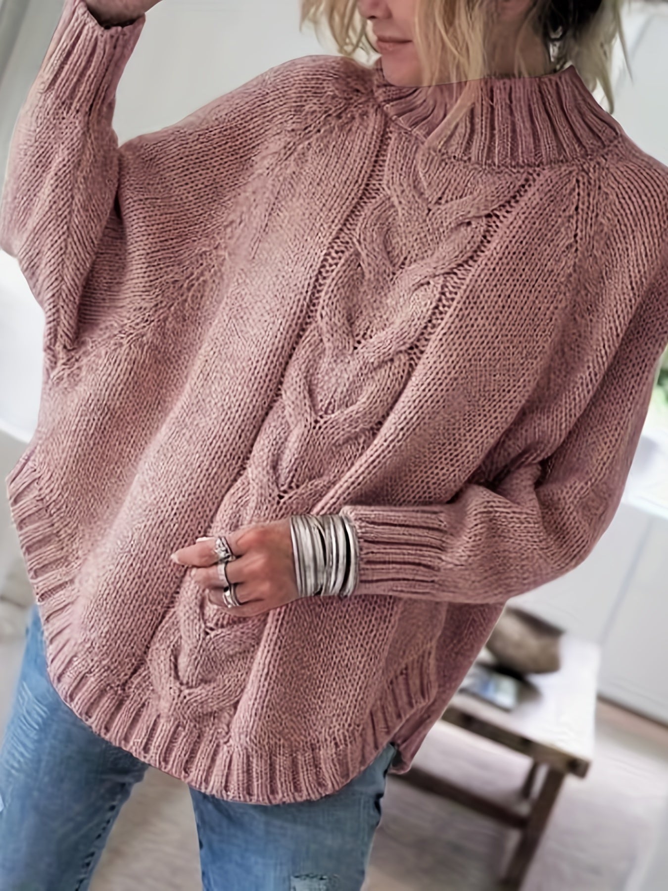 Stylish Women’s Turtleneck Sweater with Cable Knit and Wide Sleeves
