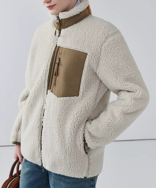 Warm Teddy Jacket for Women with High Collar and Zipper Pocket