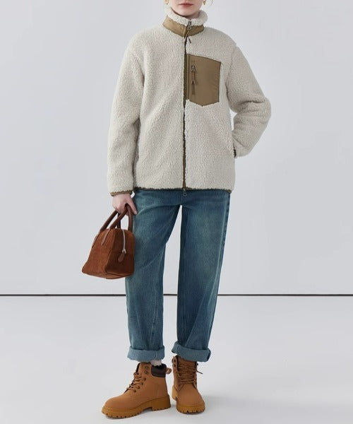 Warm Teddy Jacket for Women with High Collar and Zipper Pocket