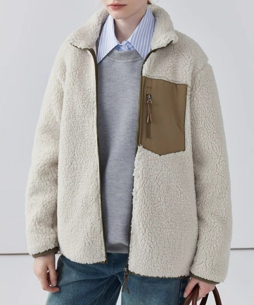 Warm Teddy Jacket for Women with High Collar and Zipper Pocket