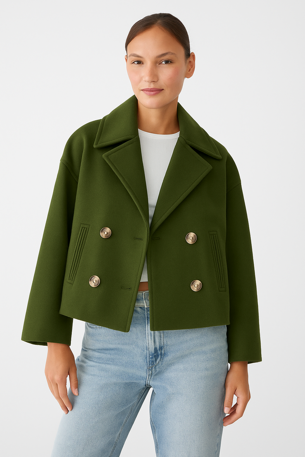Short Women’s Wool-Blend Coat with Double-Breasted Buttons