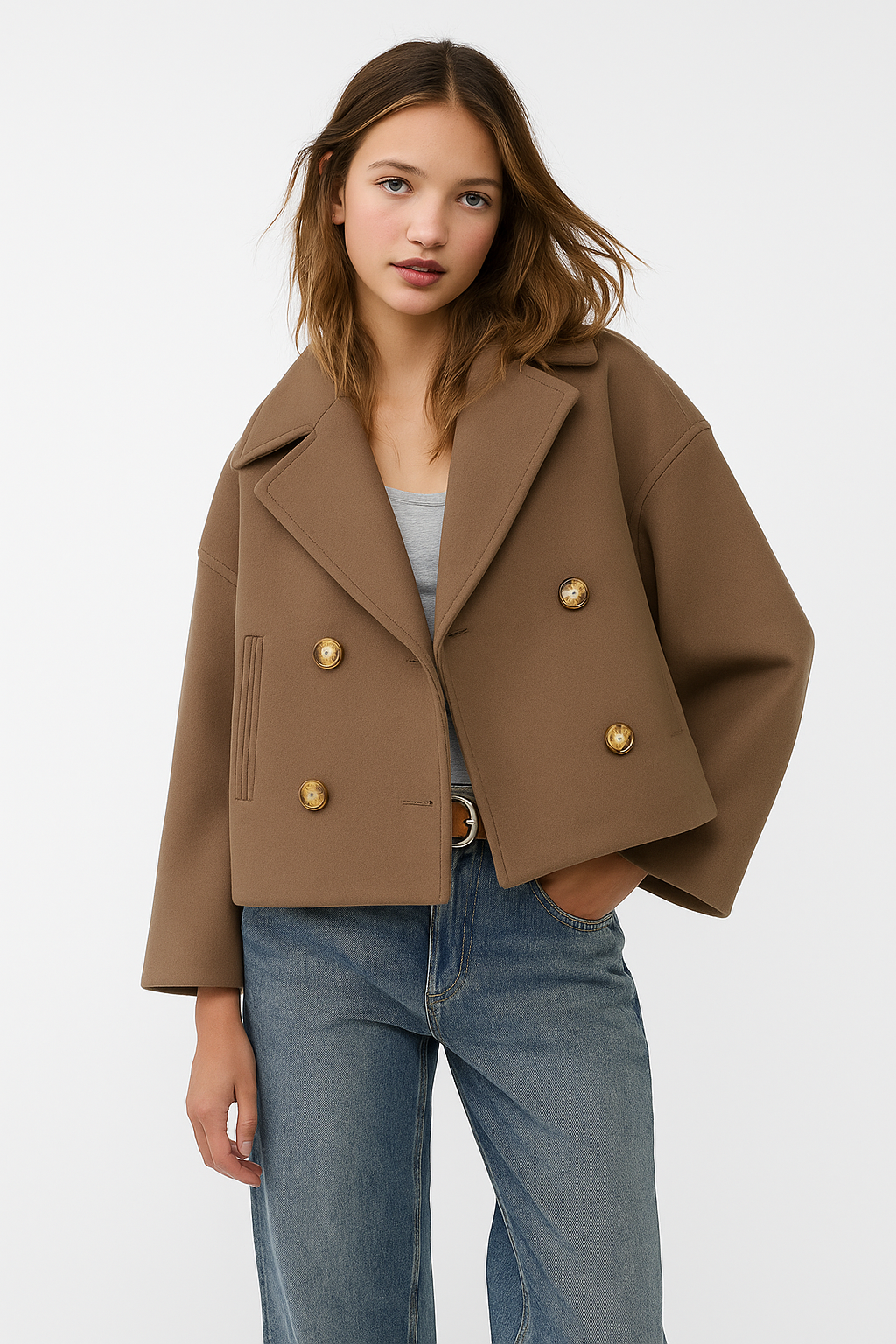Short Women’s Wool-Blend Coat with Double-Breasted Buttons