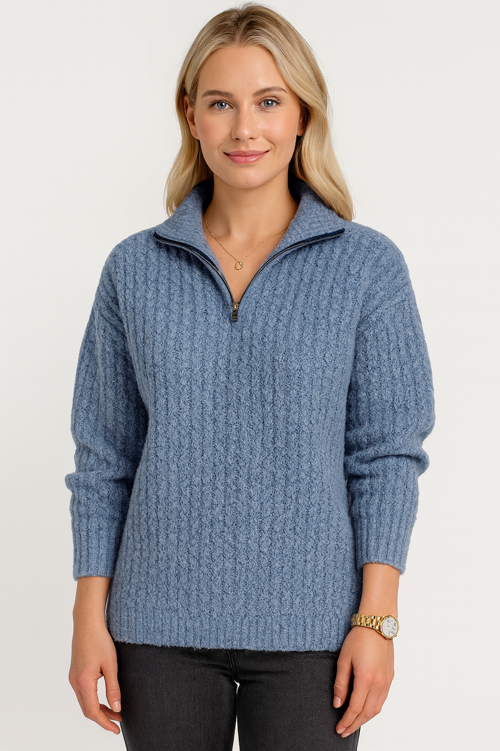 Knitted Soft Women’s Sweater with Half-Zip and High Collar
