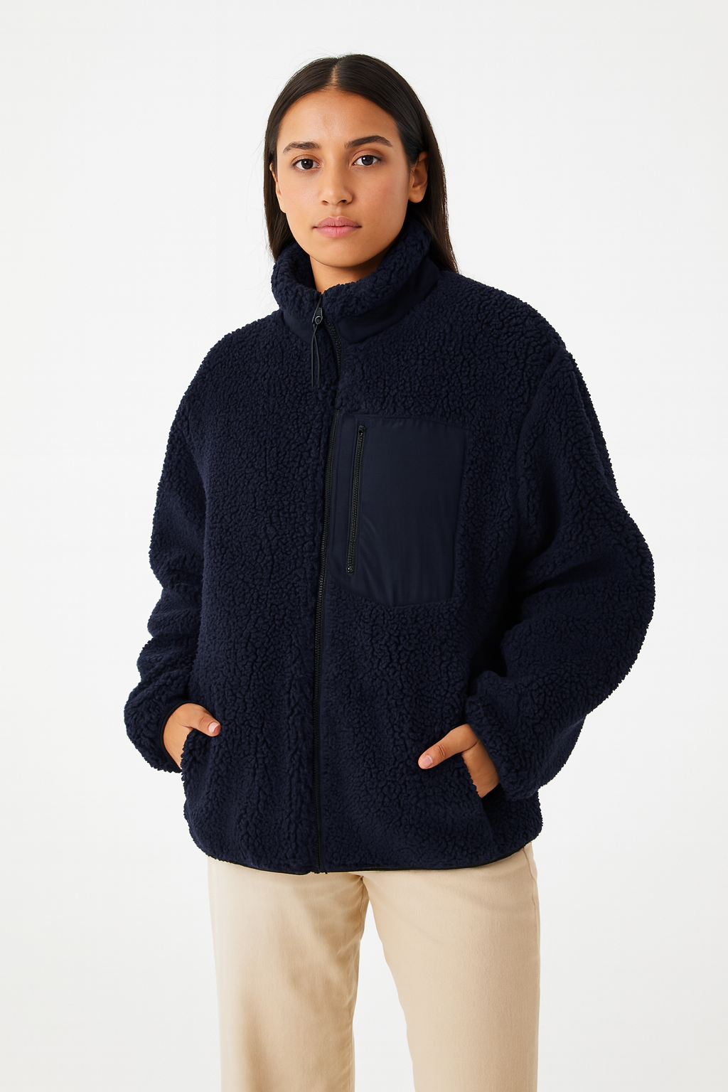 Warm Teddy Jacket for Women with High Collar and Zipper Pocket