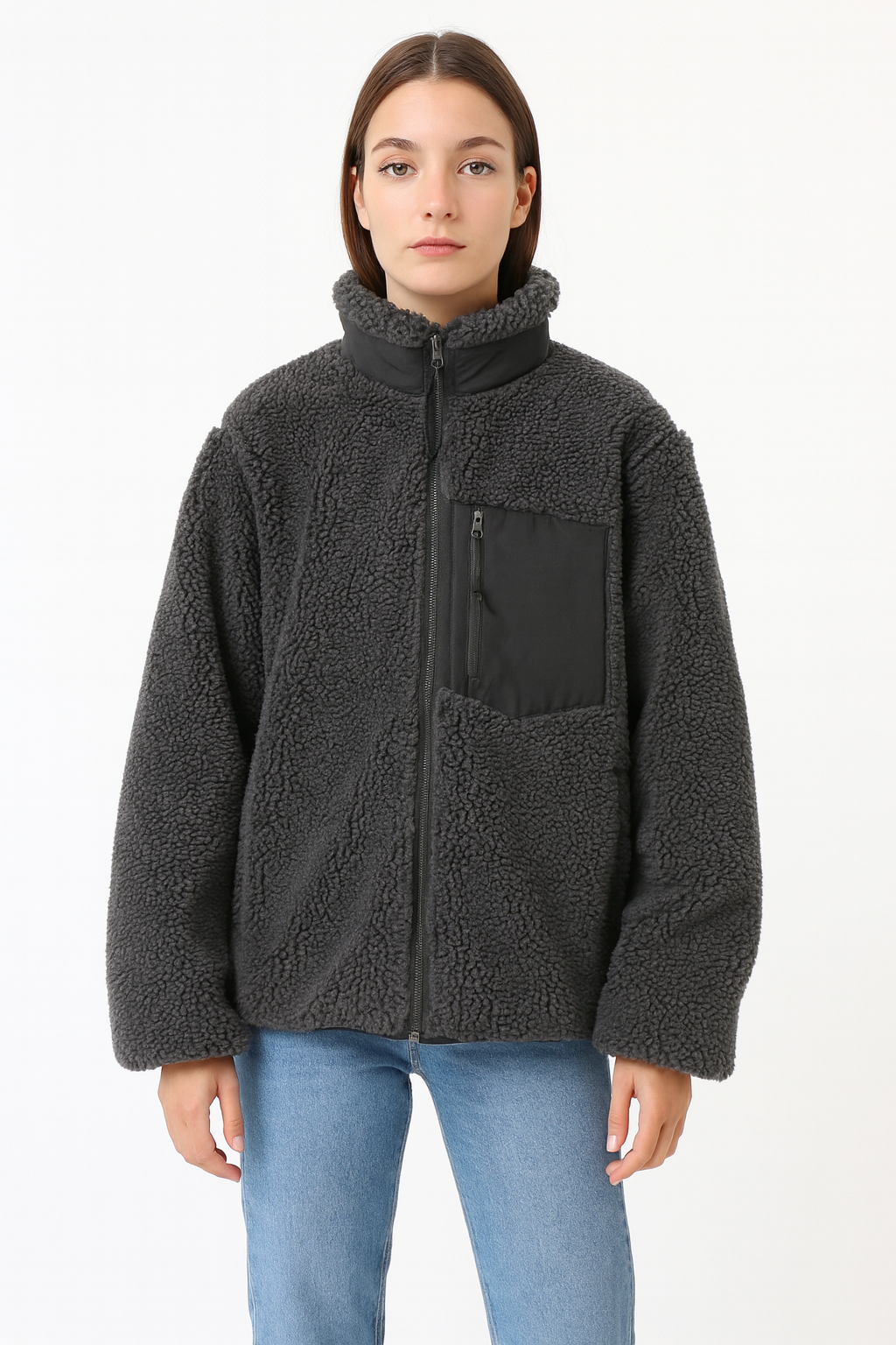 Warm Teddy Jacket for Women with High Collar and Zipper Pocket