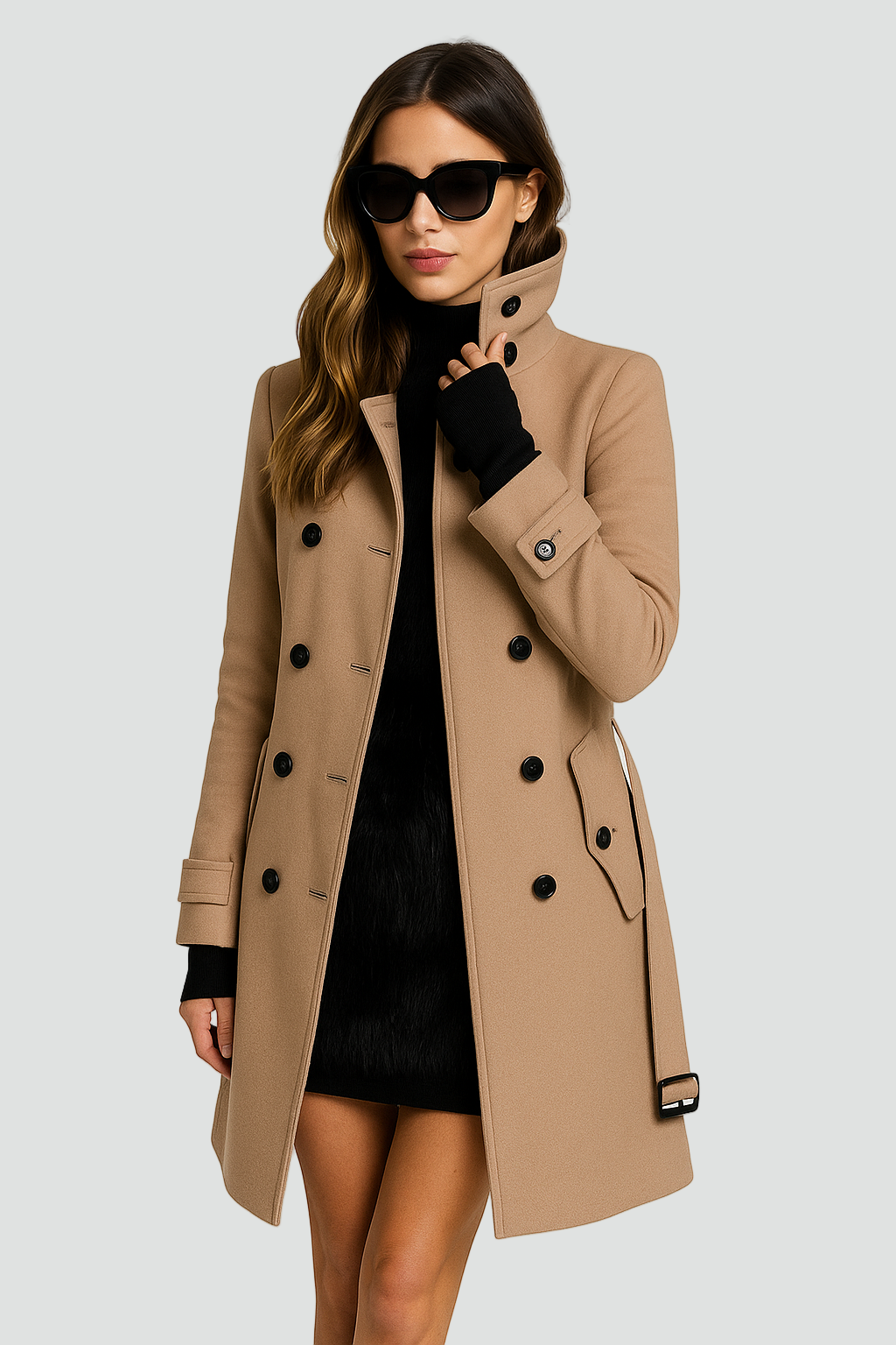 Elegant Women’s Trench Coat with High Collar and Waist Belt