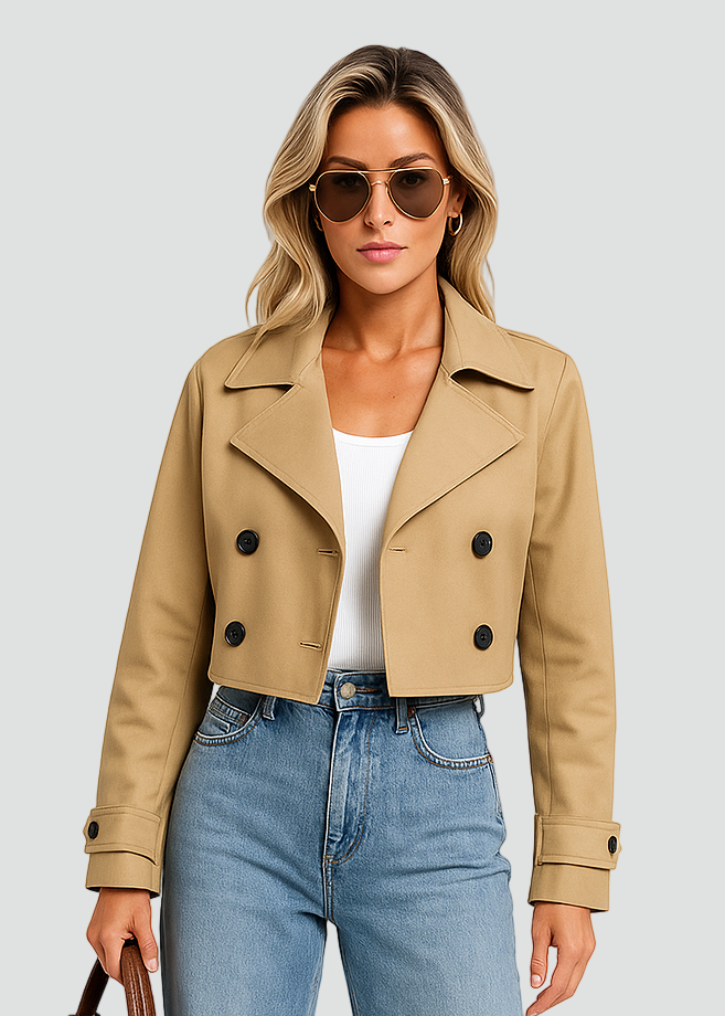 Elegant Khaki Short Women’s Trench Coat