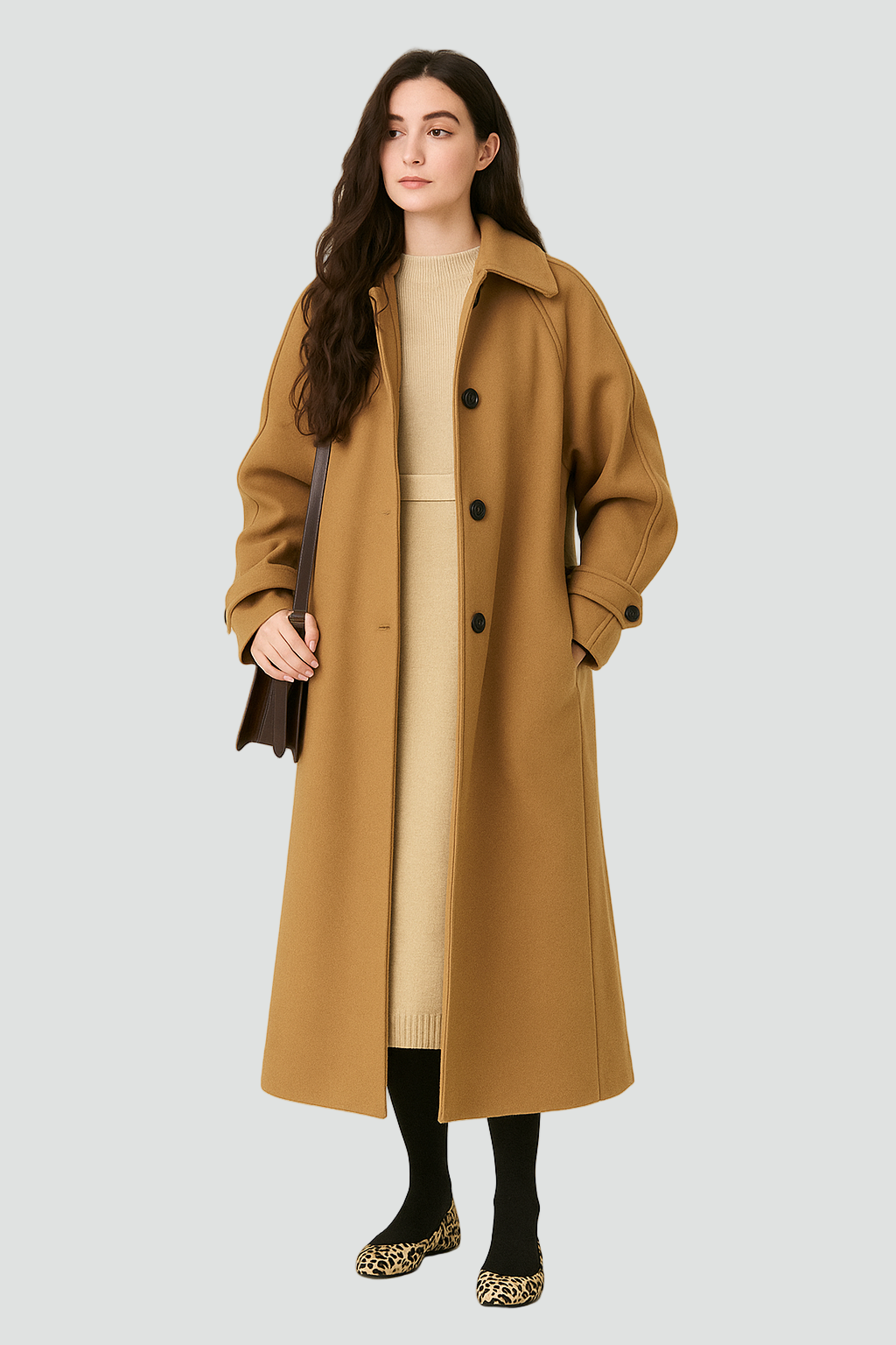 Elegant Long Women’s Coat with Button Closure and Pockets