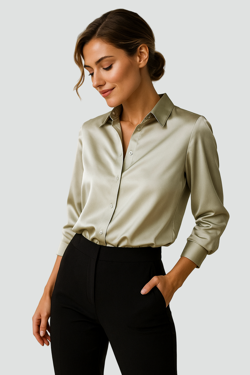 Elegant Satin Blouse with Collar and Long Sleeves for Women