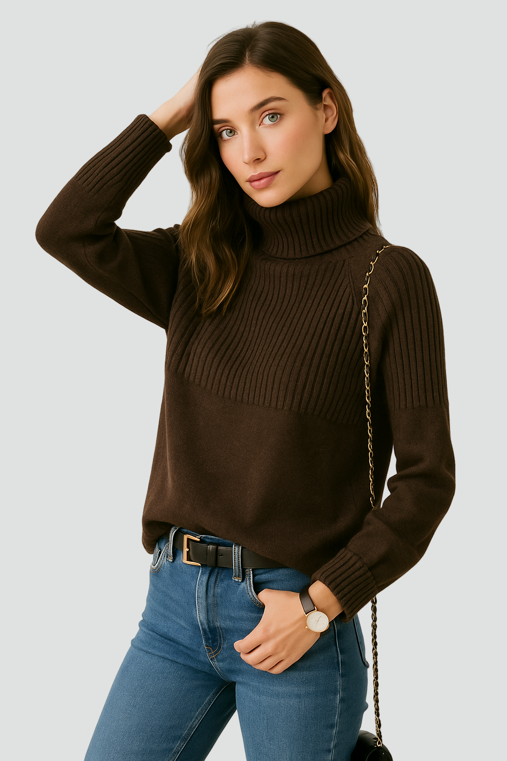Elegant Warm Women’s Turtleneck with Rib Details
