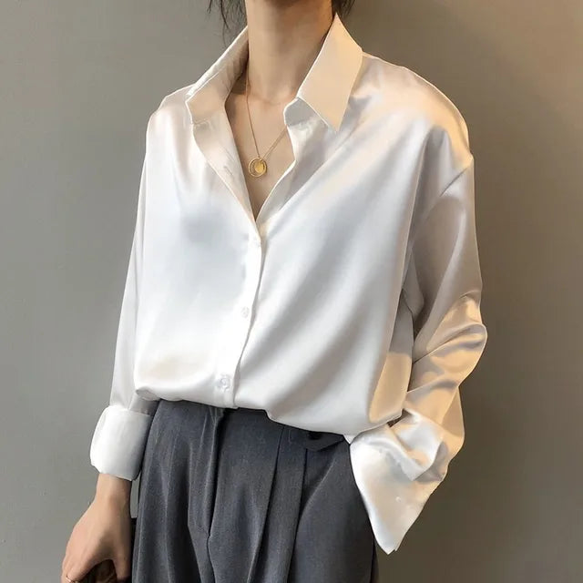 Elegant Satin Blouse with Collar and Long Sleeves for Women