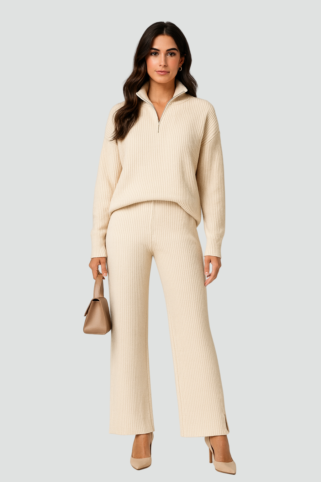 Cozy Women’s Knit Set with Flared Pants and Zip-Up Sweater