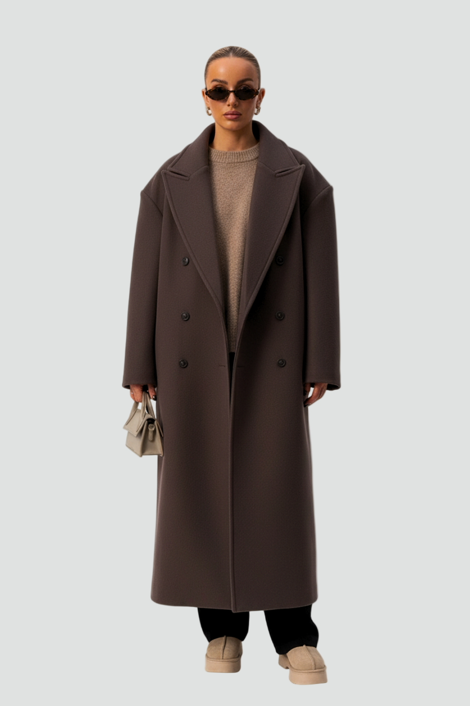 Oversized Brown Women’s Coat with Double-Breasted Design