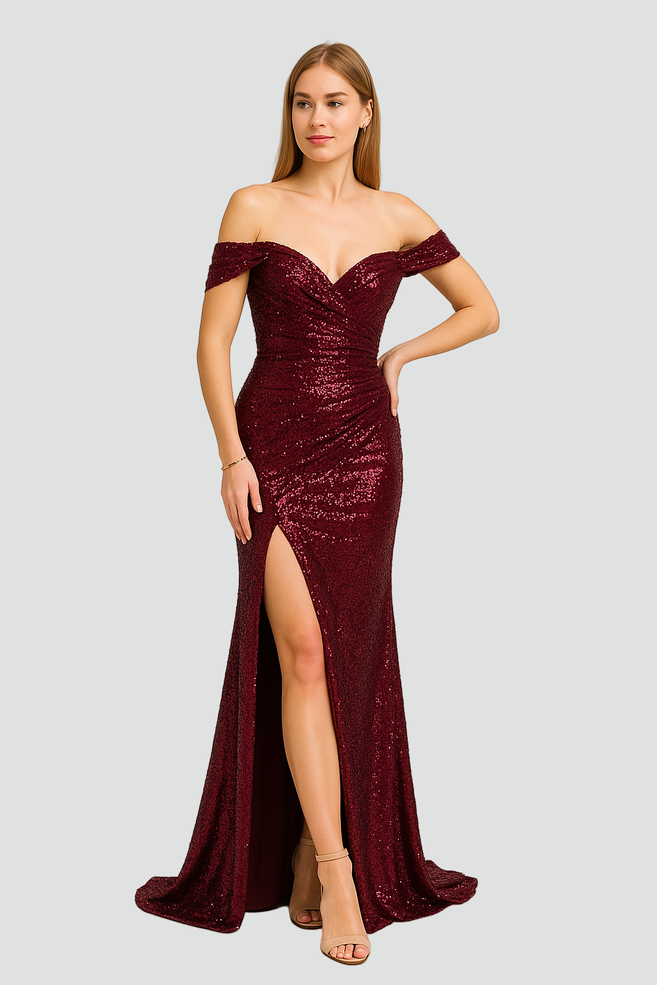 Sequin Evening Maxi Dress with Slit and Off-Shoulder Design