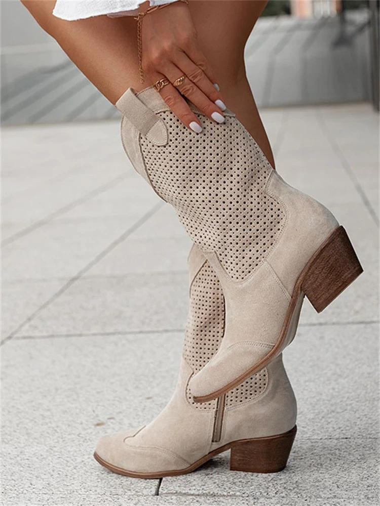 Cowboy Boots for Women with Low Heel and Cut-Out Pattern