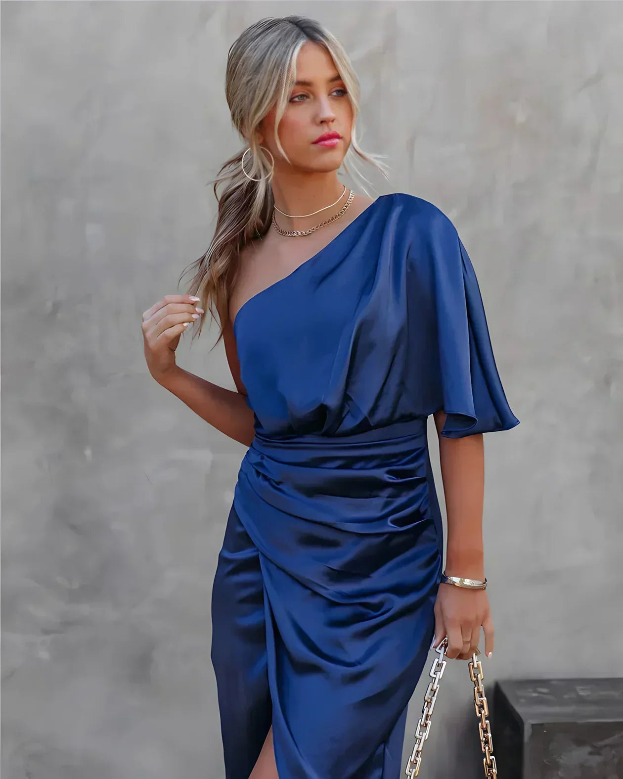 Satin Midi Dress for Women with One Shoulder and Draping