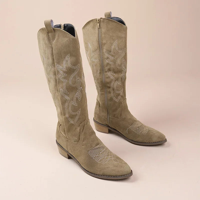 Embroidered Western Cowboy Boots with Low Heel for Women