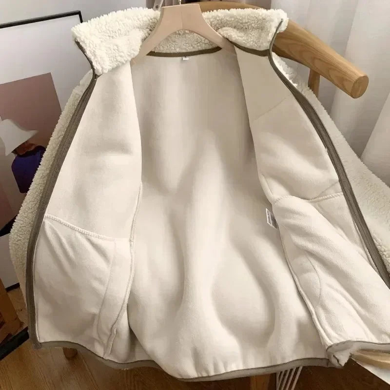 Warm Teddy Jacket for Women with High Collar and Zipper Pocket