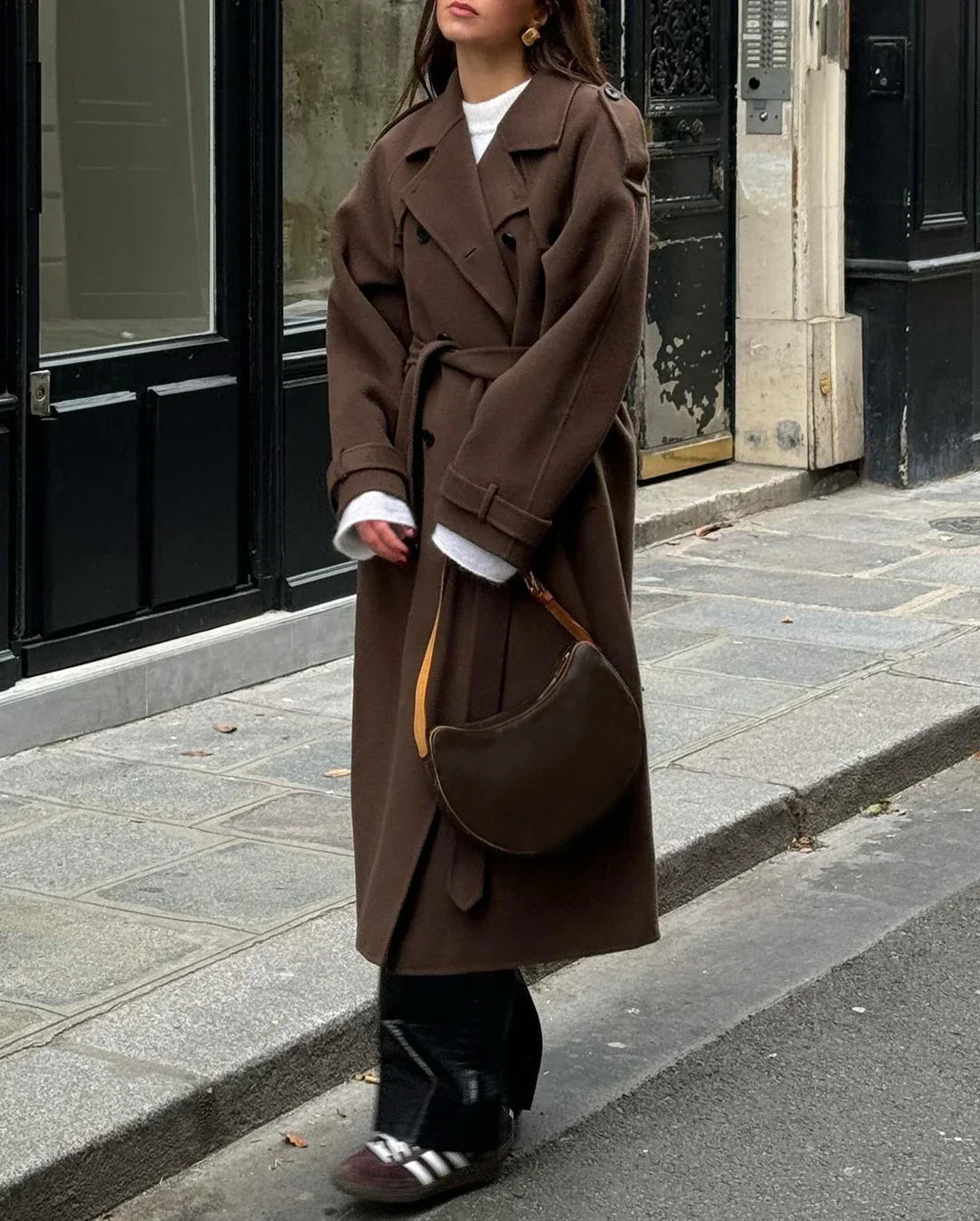 Brown Long Women’s Coat with Double-Breasted Closure