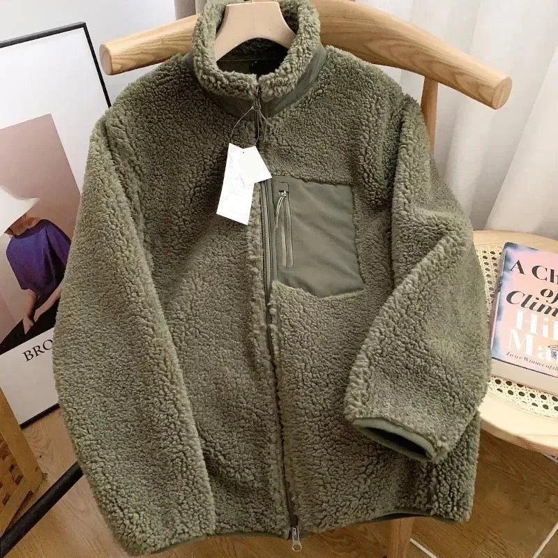 Warm Teddy Jacket for Women with High Collar and Zipper Pocket