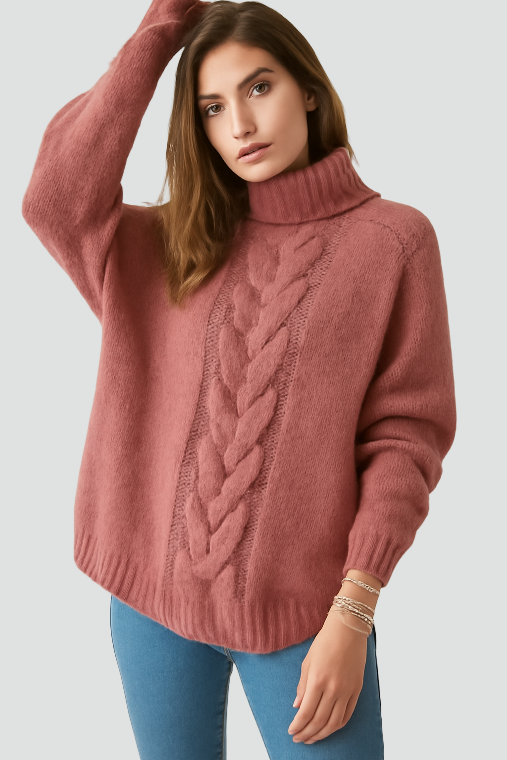 Stylish Women’s Turtleneck Sweater with Cable Knit and Wide Sleeves