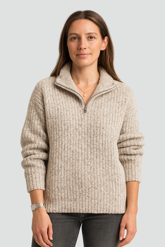 Knitted Soft Women’s Sweater with Half-Zip and High Collar