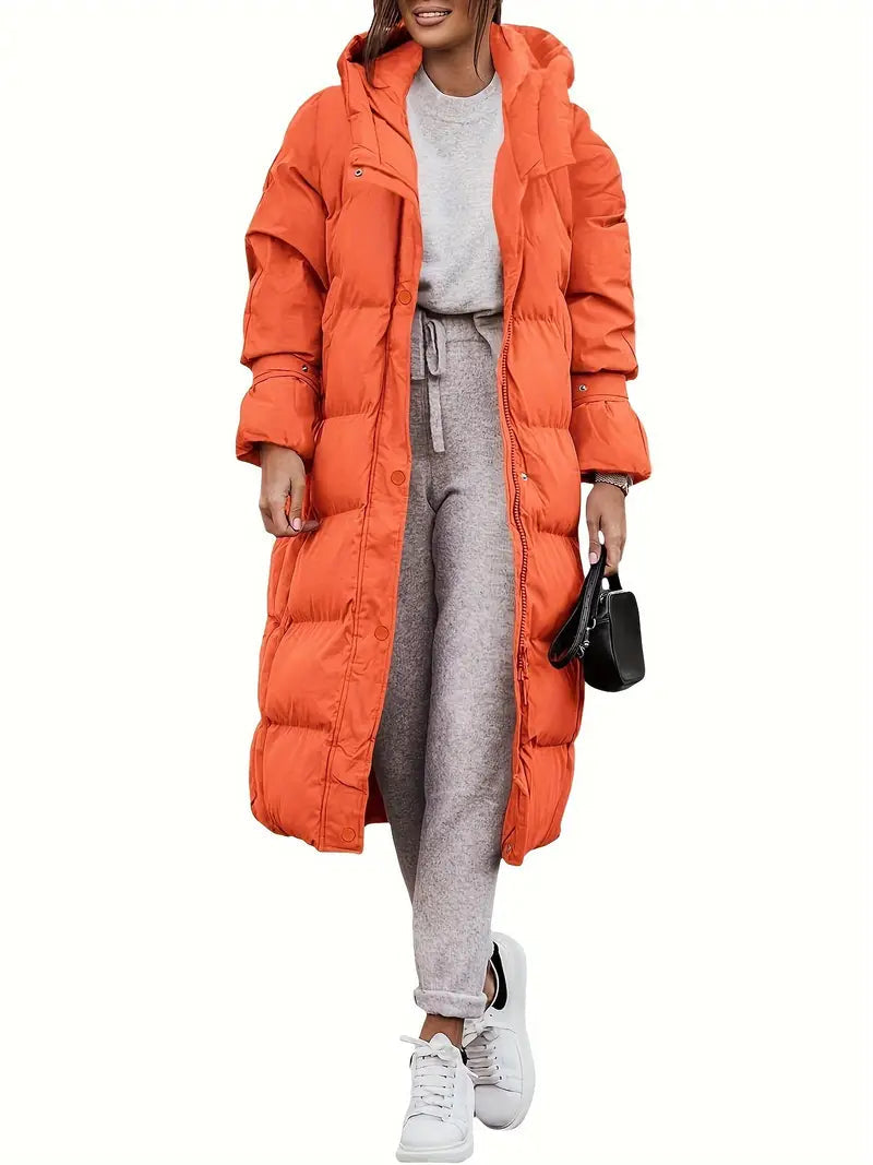 Long Women’s Puffer Coat with Hood and Warm Insulation