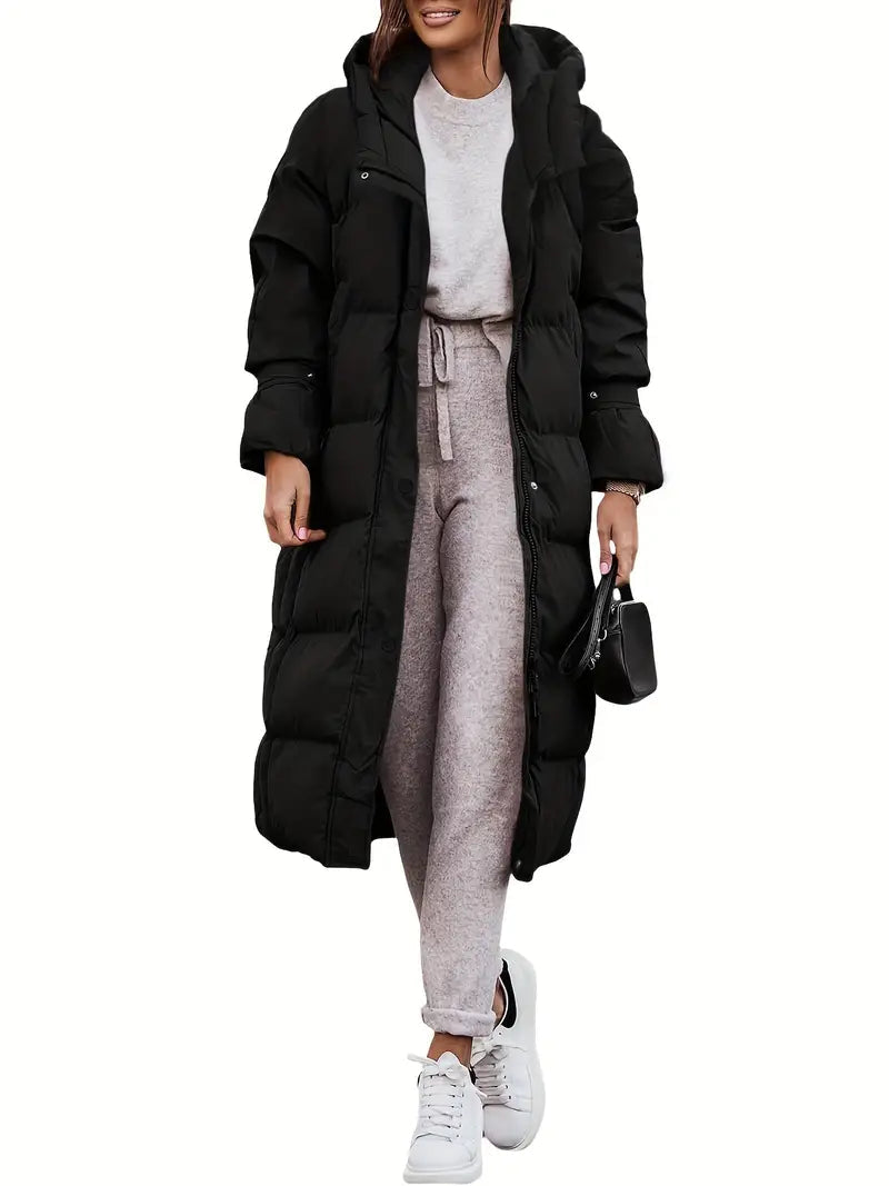 Long Women’s Puffer Coat with Hood and Warm Insulation