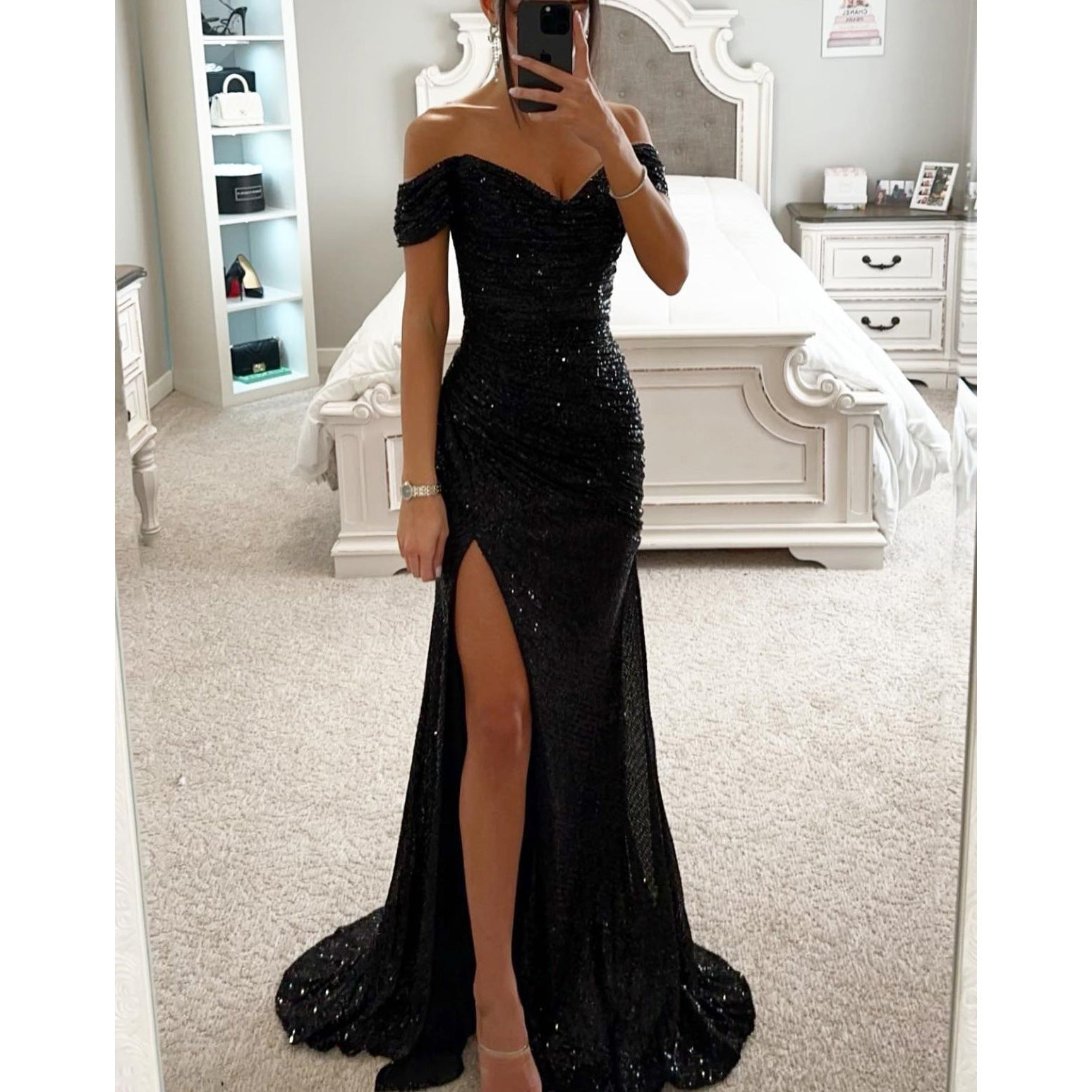 Sequin Evening Maxi Dress with Slit and Off-Shoulder Design