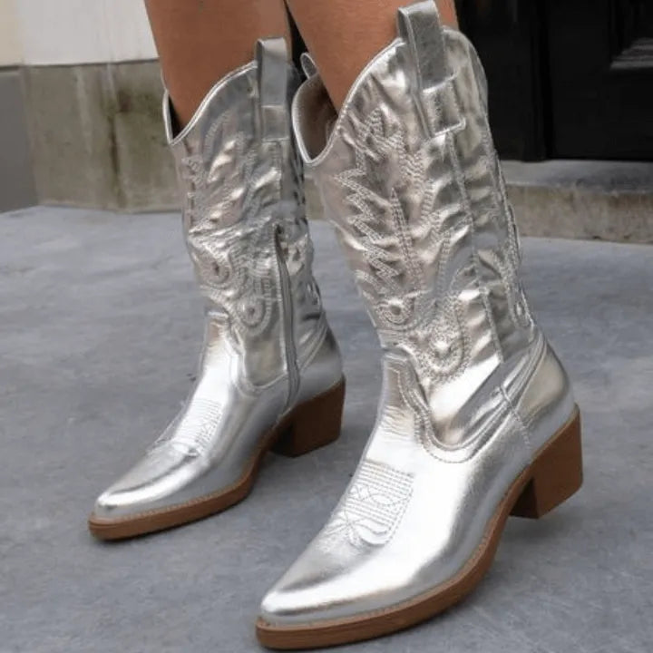 Mid-Calf Cowboy Boots for Women with Zipper and Pointed Toe