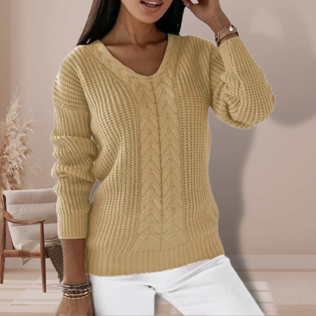 Soft Women’s Knit Sweater with V-Neck and Cable Pattern