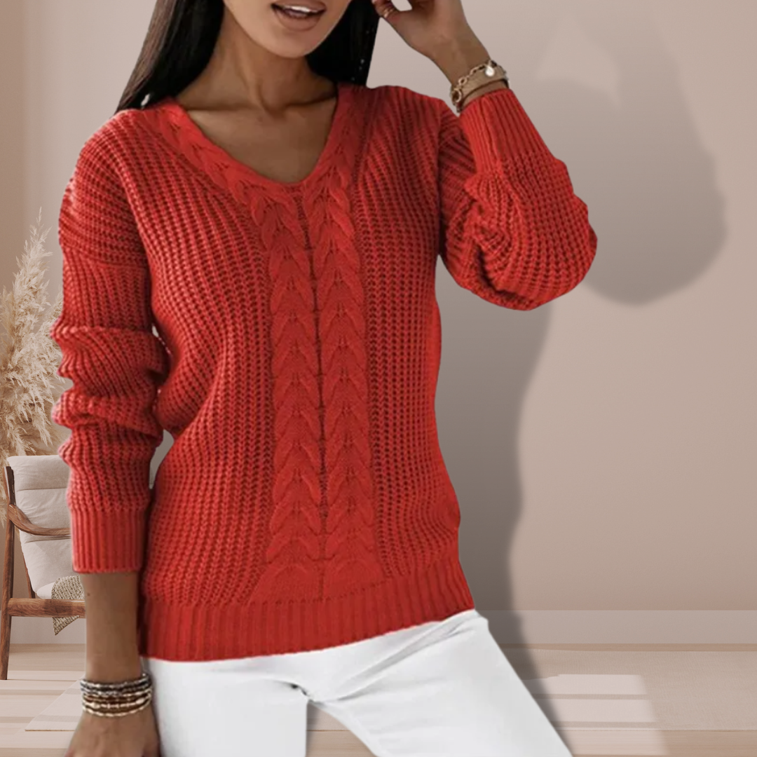 Soft Women’s Knit Sweater with V-Neck and Cable Pattern