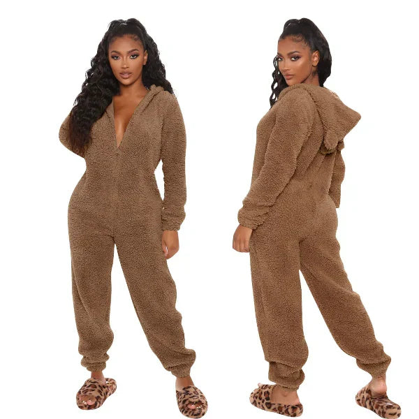 Warm Teddy Fleece Women’s Onesie with Hood