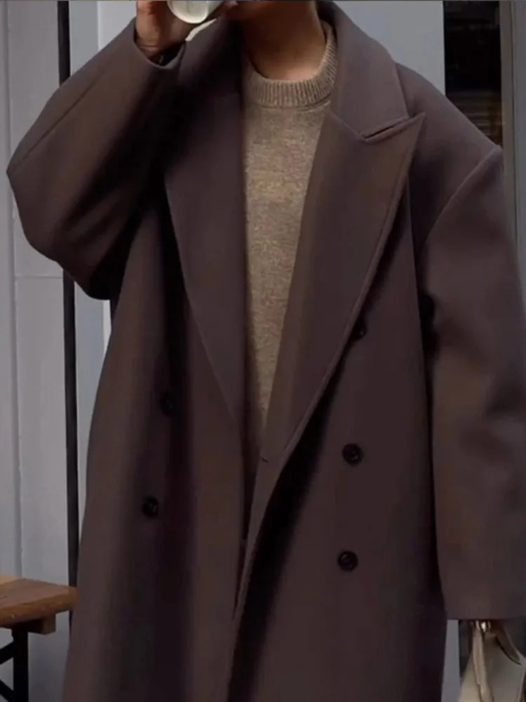 Oversized Brown Women’s Coat with Double-Breasted Design
