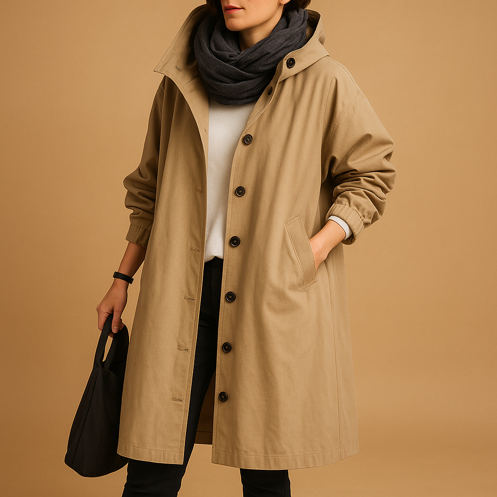 Waterproof Long Women’s Trench Coat with Hood and Buttons
