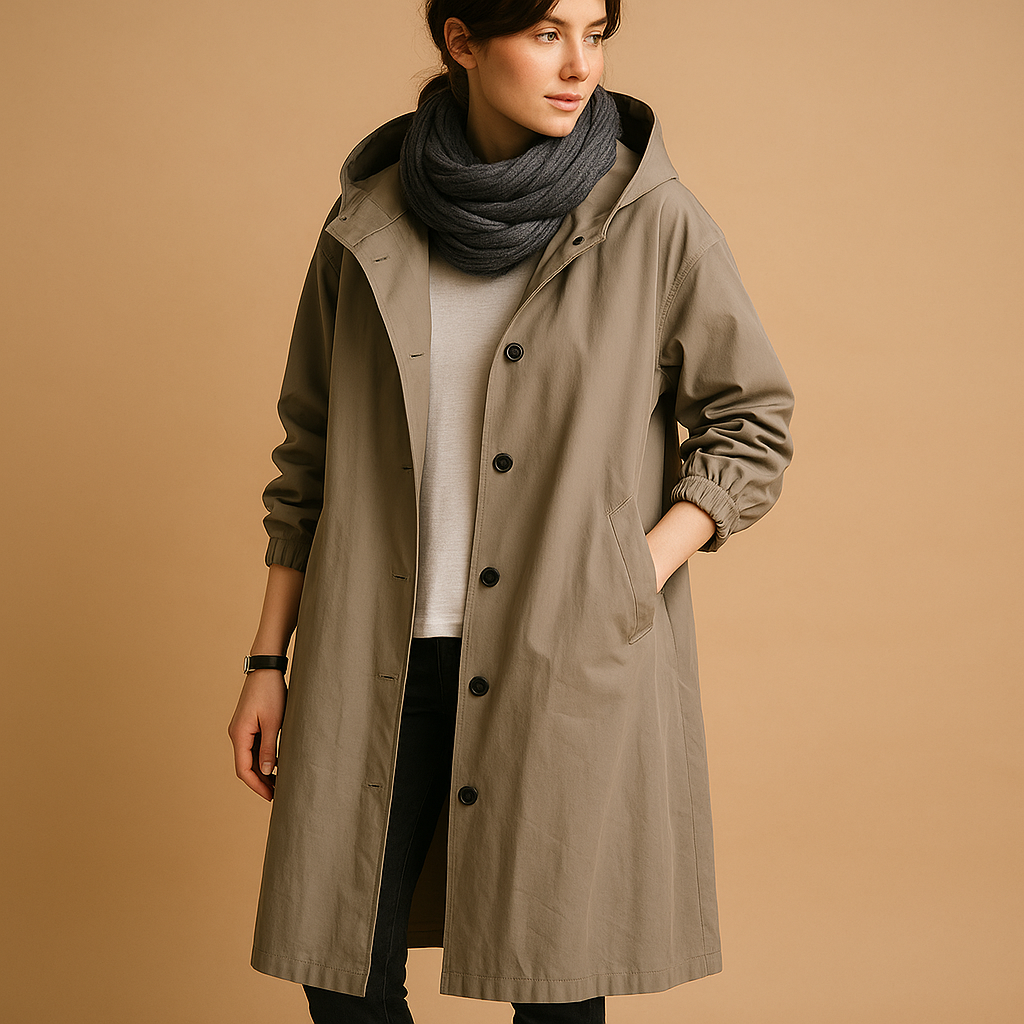 Waterproof Long Women’s Trench Coat with Hood and Buttons
