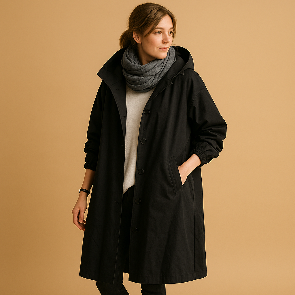 Waterproof Long Women’s Trench Coat with Hood and Buttons