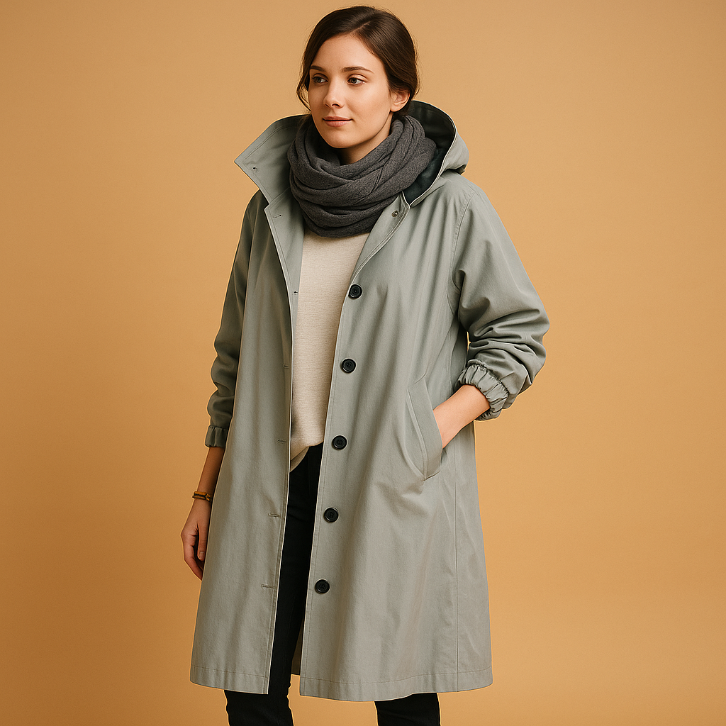 Waterproof Long Women’s Trench Coat with Hood and Buttons
