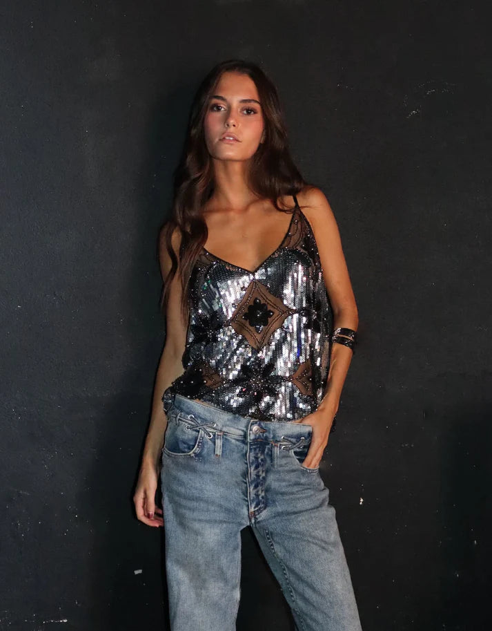 Glamorous Women’s Top with Hand-Sewn Beads and Sequins