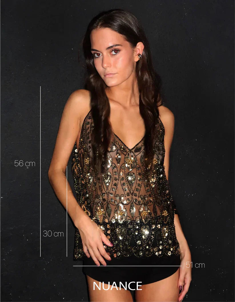 Glamorous Women’s Top with Hand-Sewn Beads and Sequins